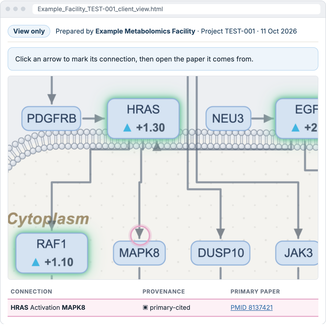 The client view file: an arrow clicked, its connection marked with its PubMed paper